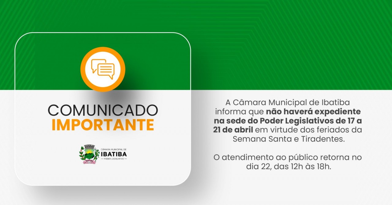 Câmara Municipal decreta ponto facultativo de 17 a 21 de abril