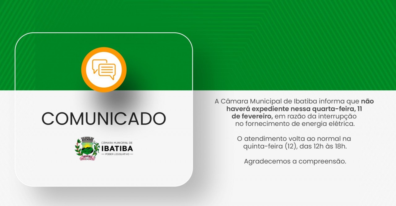 Câmara de Ibatiba informa que não haverá expediente nesta quarta-feira (11)