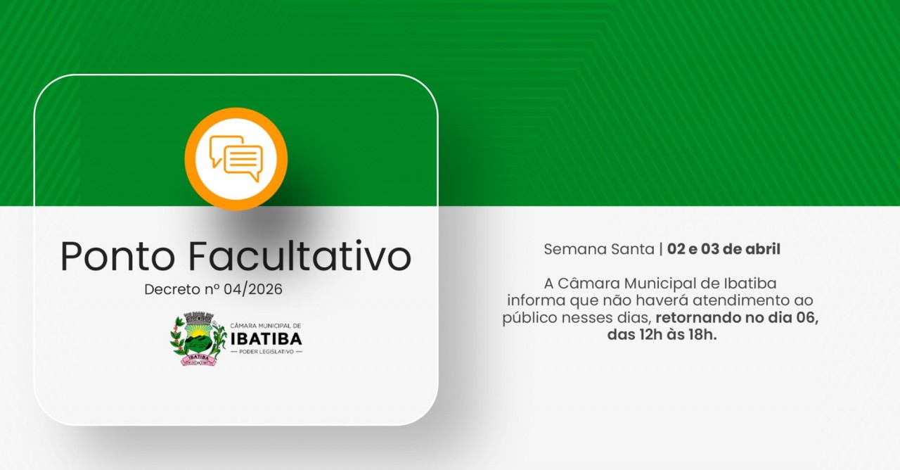 Câmara Municipal informa que não haverá expediente nos dias 02 e 03 de abril