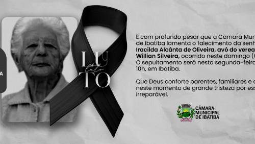 Legislativo de Ibatiba lamenta o falecimento da senhora Iracilda Alcânta de Oliveira, avó do vereador Victor Willian Legislativo de Ibatiba lamenta o falecimento da senhora Iracilda Alcânta de Oliveira, avó do vereador Victor Willian