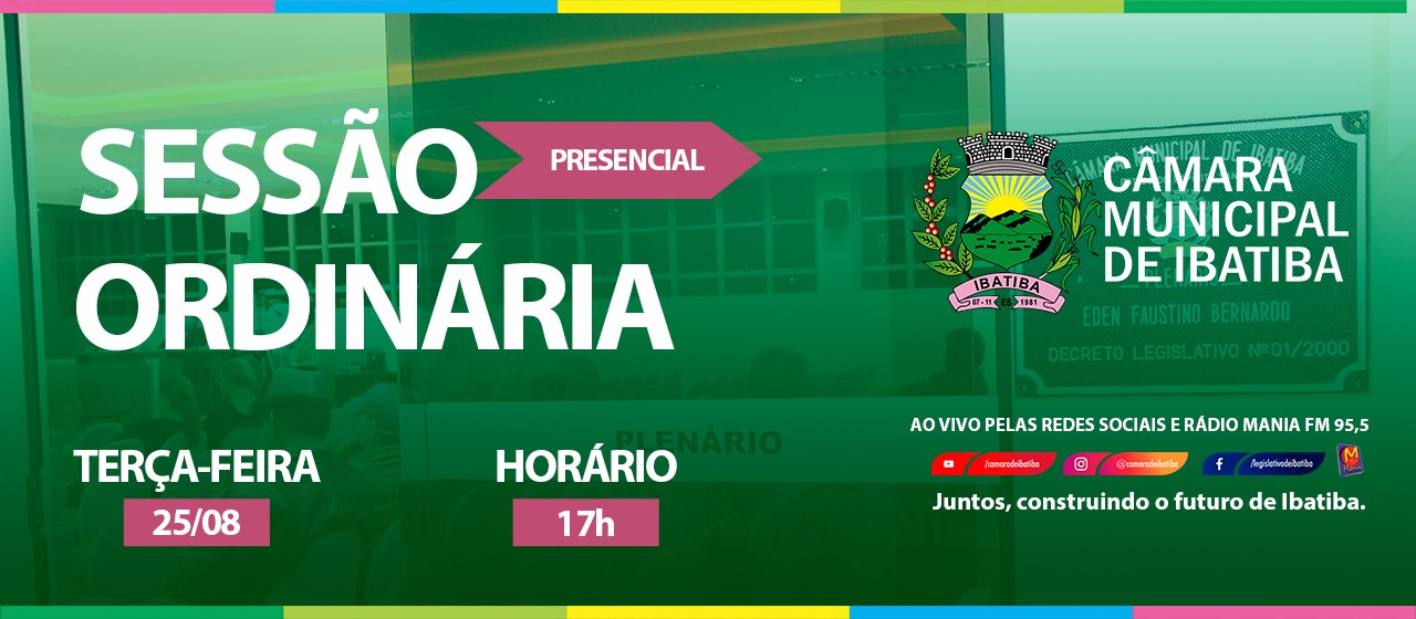 Câmara Municipal de Ibatiba realiza 12ª Sessão Ordinária na próxima terça-feira (25) Câmara Municipal de Ibatiba realiza 12ª Sessão Ordinária na próxima terça-feira (25)