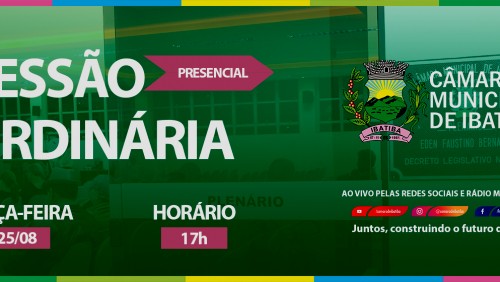 Câmara Municipal de Ibatiba realiza 12ª Sessão Ordinária na próxima terça-feira (25) Câmara Municipal de Ibatiba realiza 12ª Sessão Ordinária na próxima terça-feira (25)